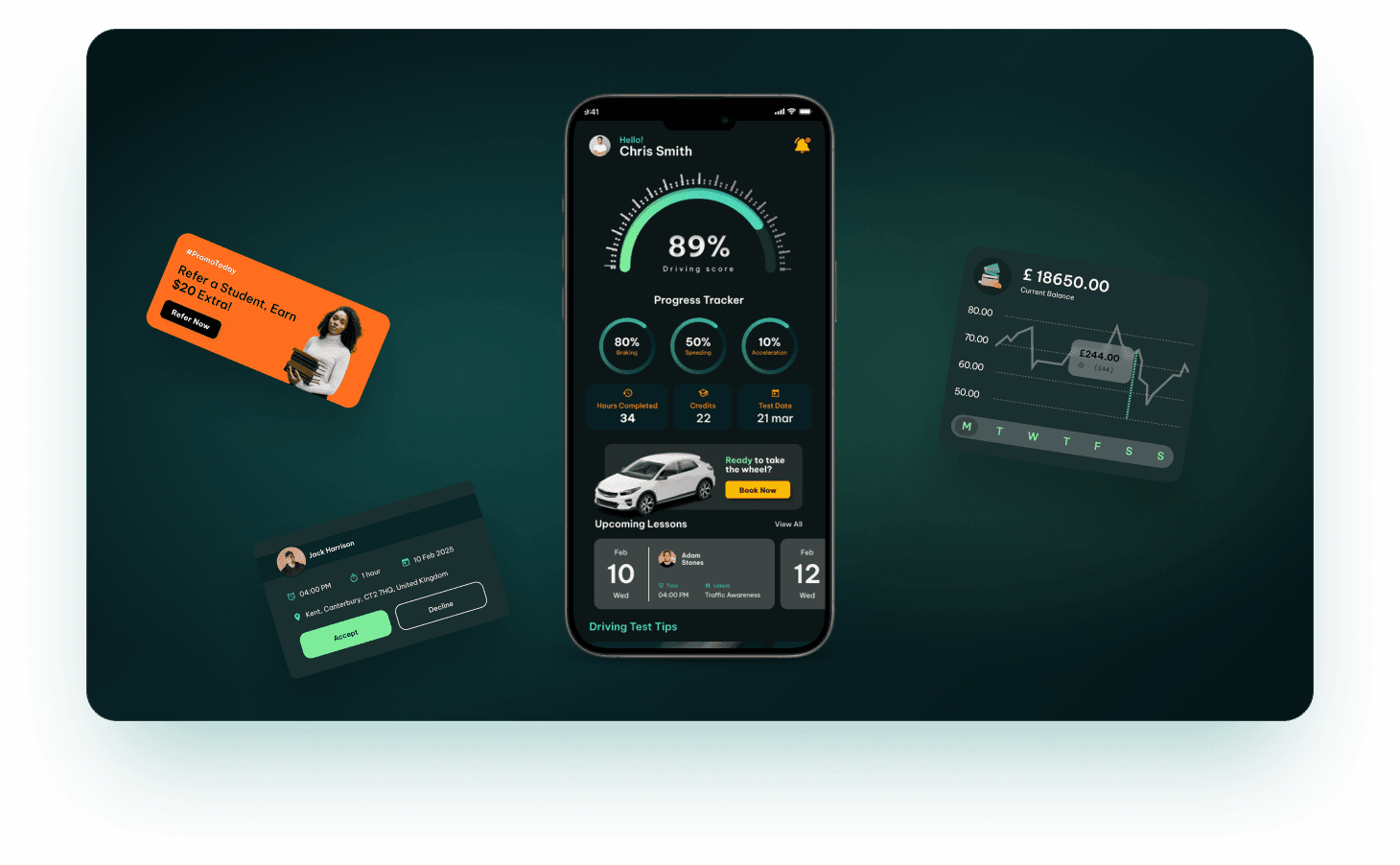 QuickSilver learner app — driving score, progress tracker, upcoming lessons and earnings
