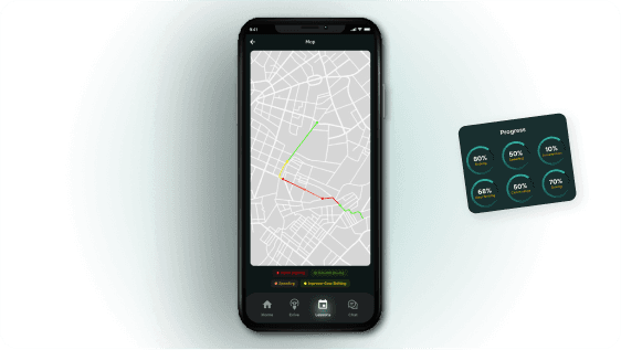 QuickSilver live lesson map with real-time braking, speeding and clutch-usage progress rings