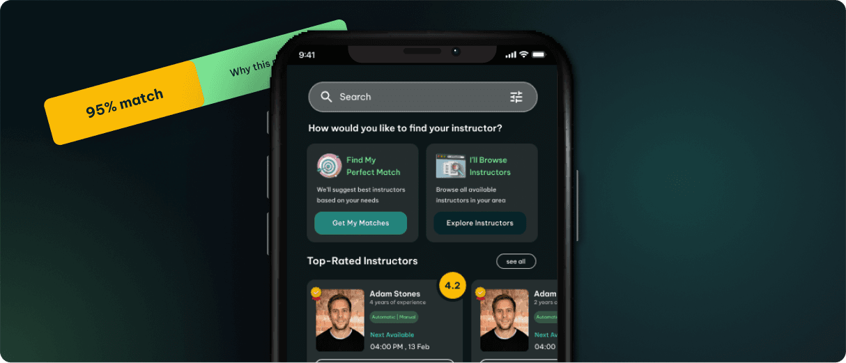 QuickSilver instructor discovery — 95% match, find my perfect match and top-rated instructors