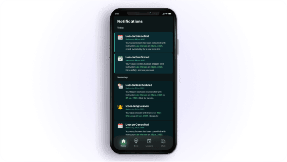 QuickSilver notifications feed — lesson cancelled, confirmed and rescheduled updates