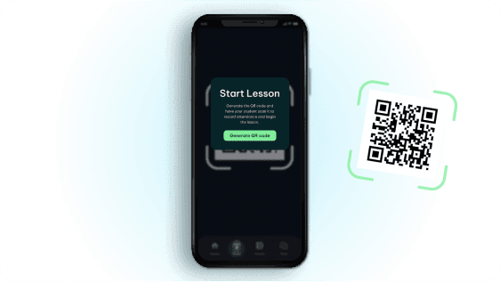 QuickSilver start-lesson screen generating a QR code for check-in