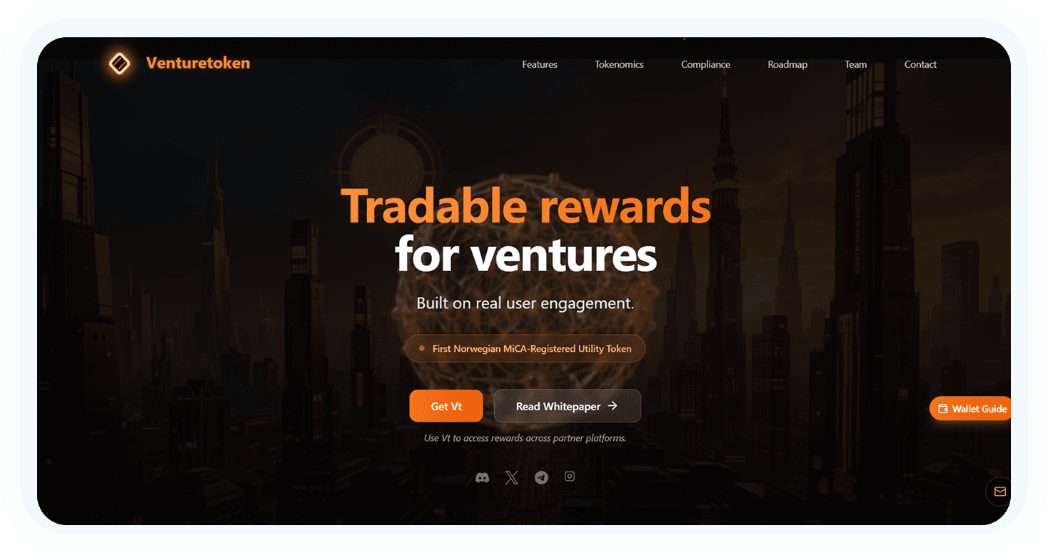Venturetoken landing page — tradable rewards for ventures, built on real user engagement